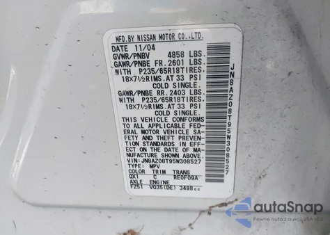 2005 Nissan Murano Sl z USA, uszkodzony, nr VIN JN8AZ08T95W308527